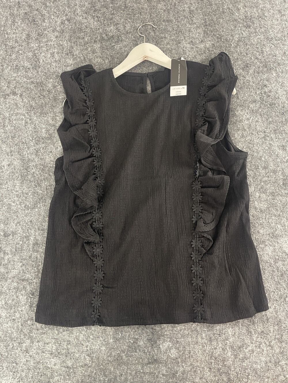 Dorothy Perkins Blouse Womens 12 Black Shirt Ruffle Top Sleeveless N303